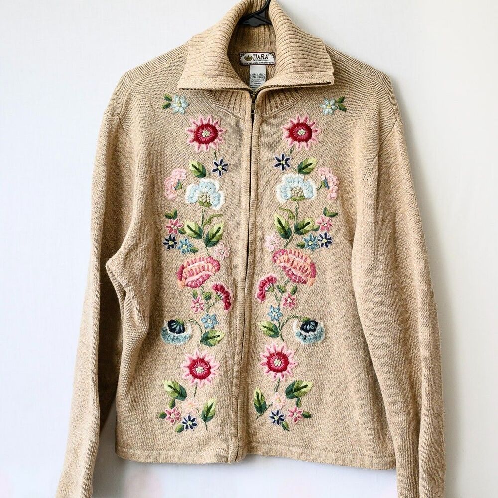 Tiara International Full zip cardigan‎ sweater floral embroidered XL collared